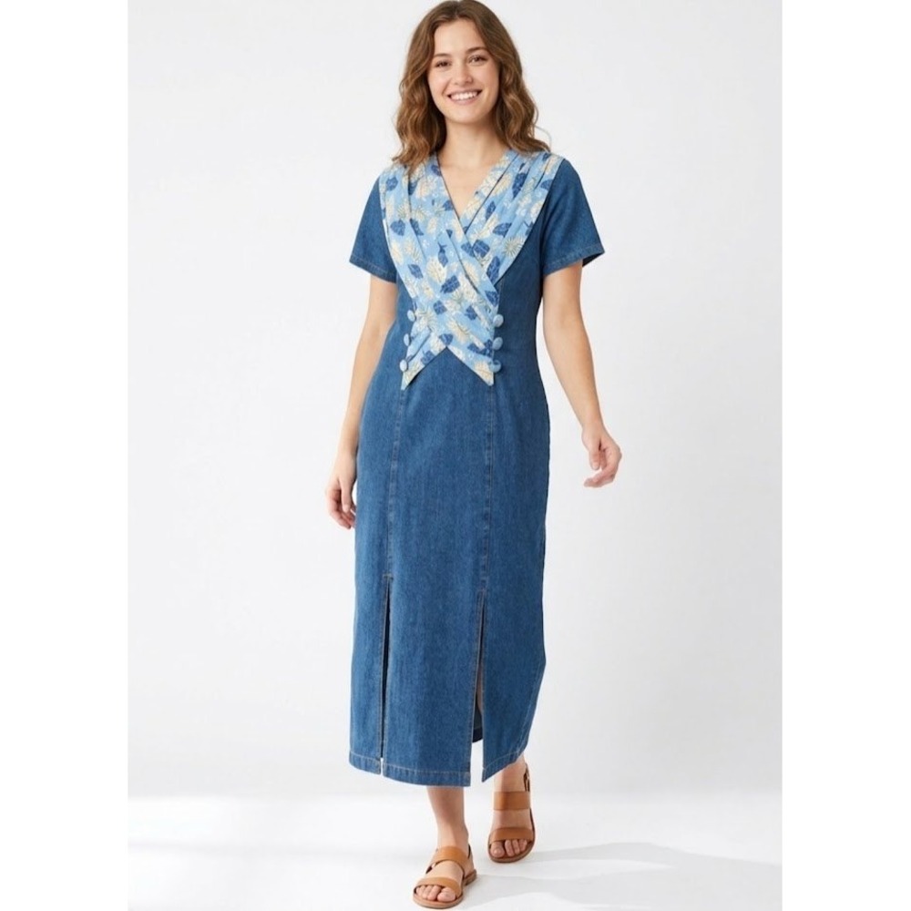Marilyn Denim Western Dress Womens Blue Floral Bodice Tie Back Vintage Small